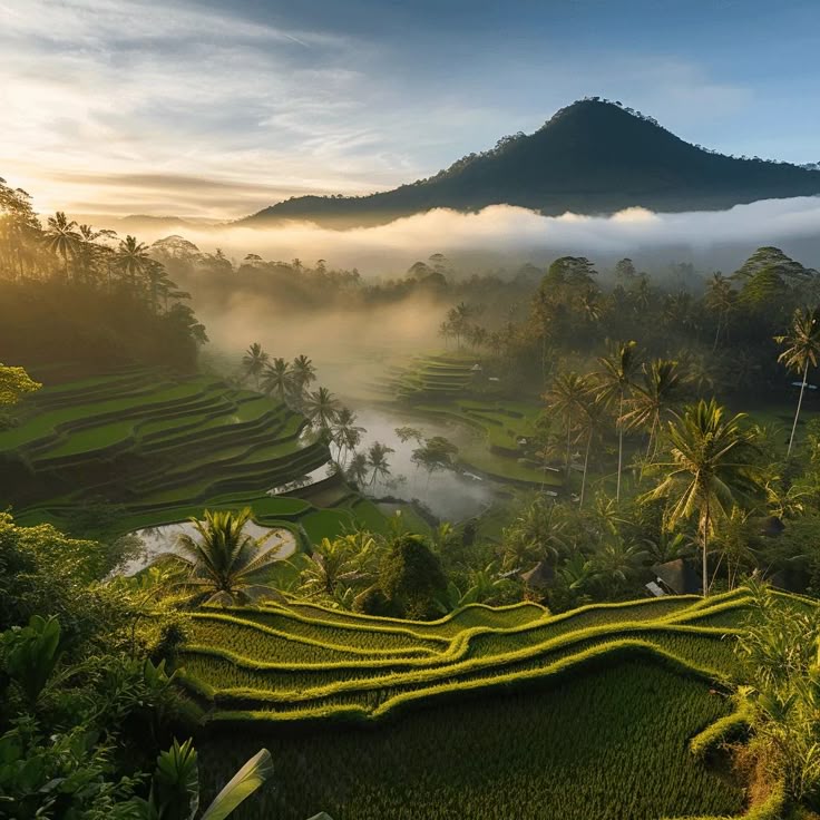 bali-vue -sur les- risieres le matin avec brumes